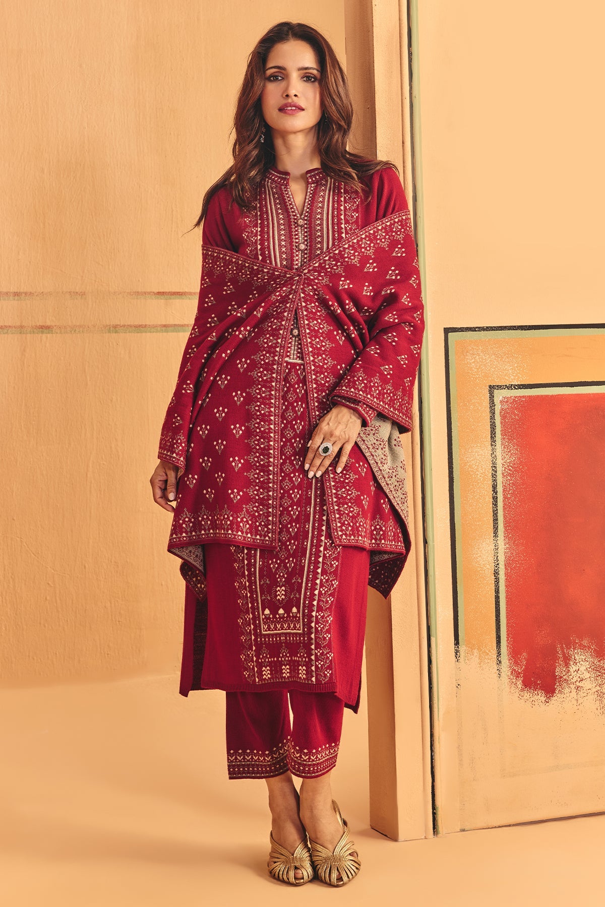 Winter Red Self Design Woven Kurta 3 Pcs Set