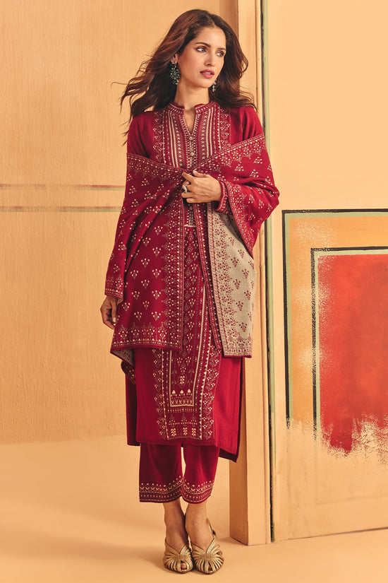 Winter Red Self Design Woven Kurta 3 Pcs Set