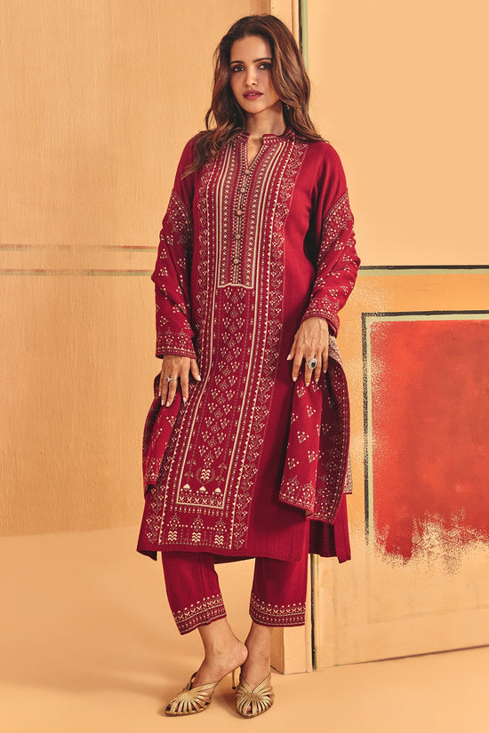 Winter Red Self Design Woven Kurta 3 Pcs Set