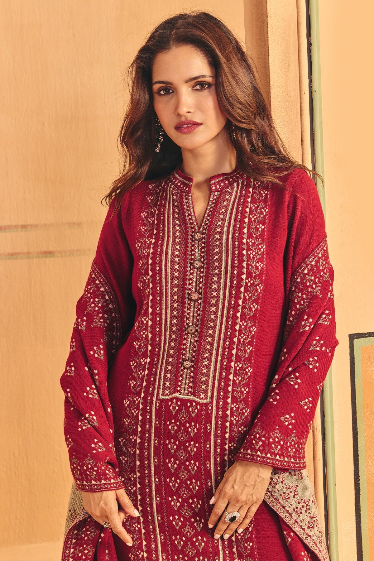 Winter Red Self Design Woven Kurta 3 Pcs Set