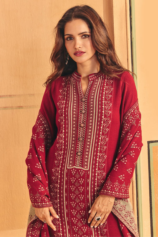 Winter Red Self Design Woven Kurta 3 Pcs Set