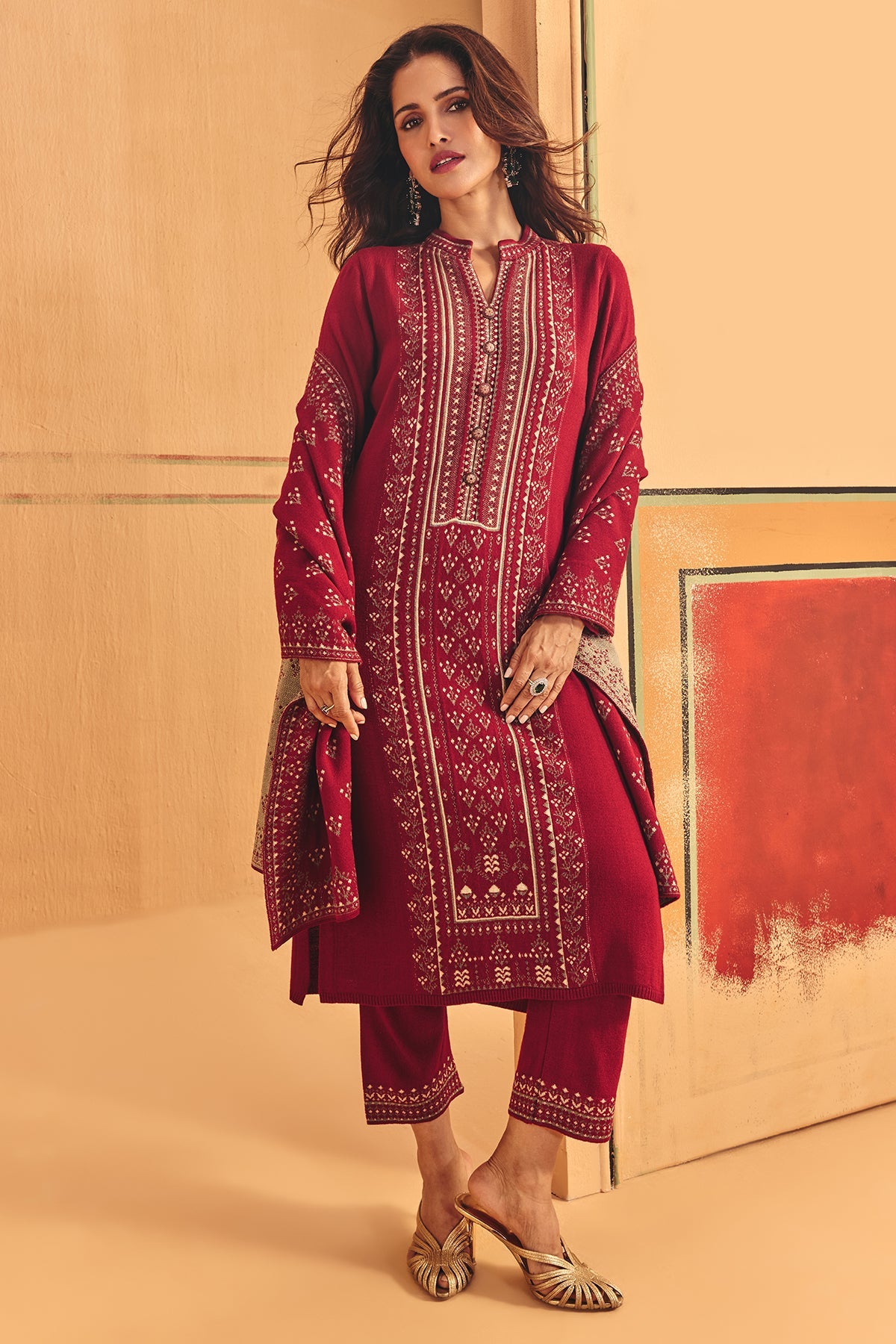 Winter Red Self Design Woven Kurta 3 Pcs Set