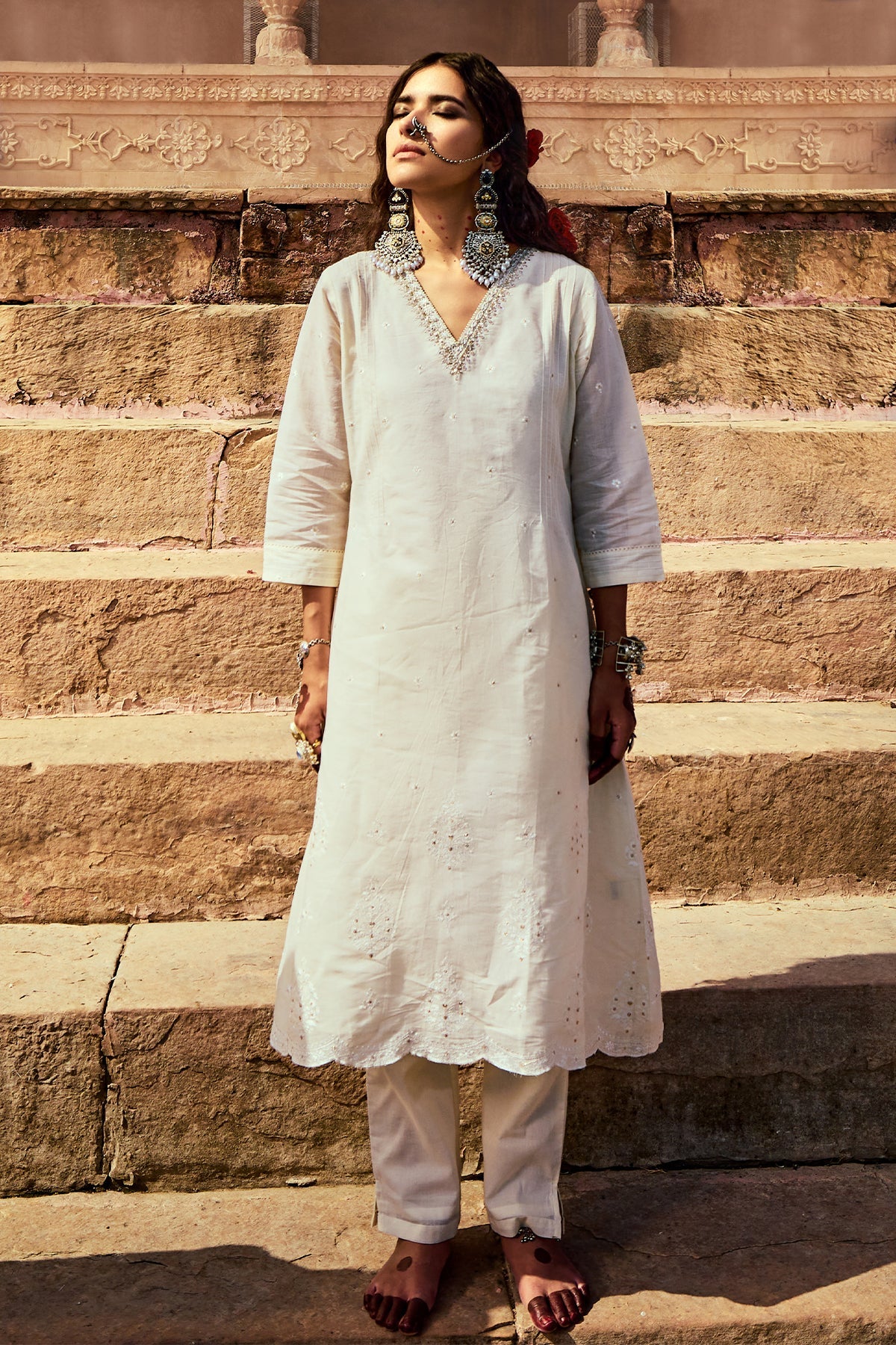 Cream Embroidered A-Line Kurta Set