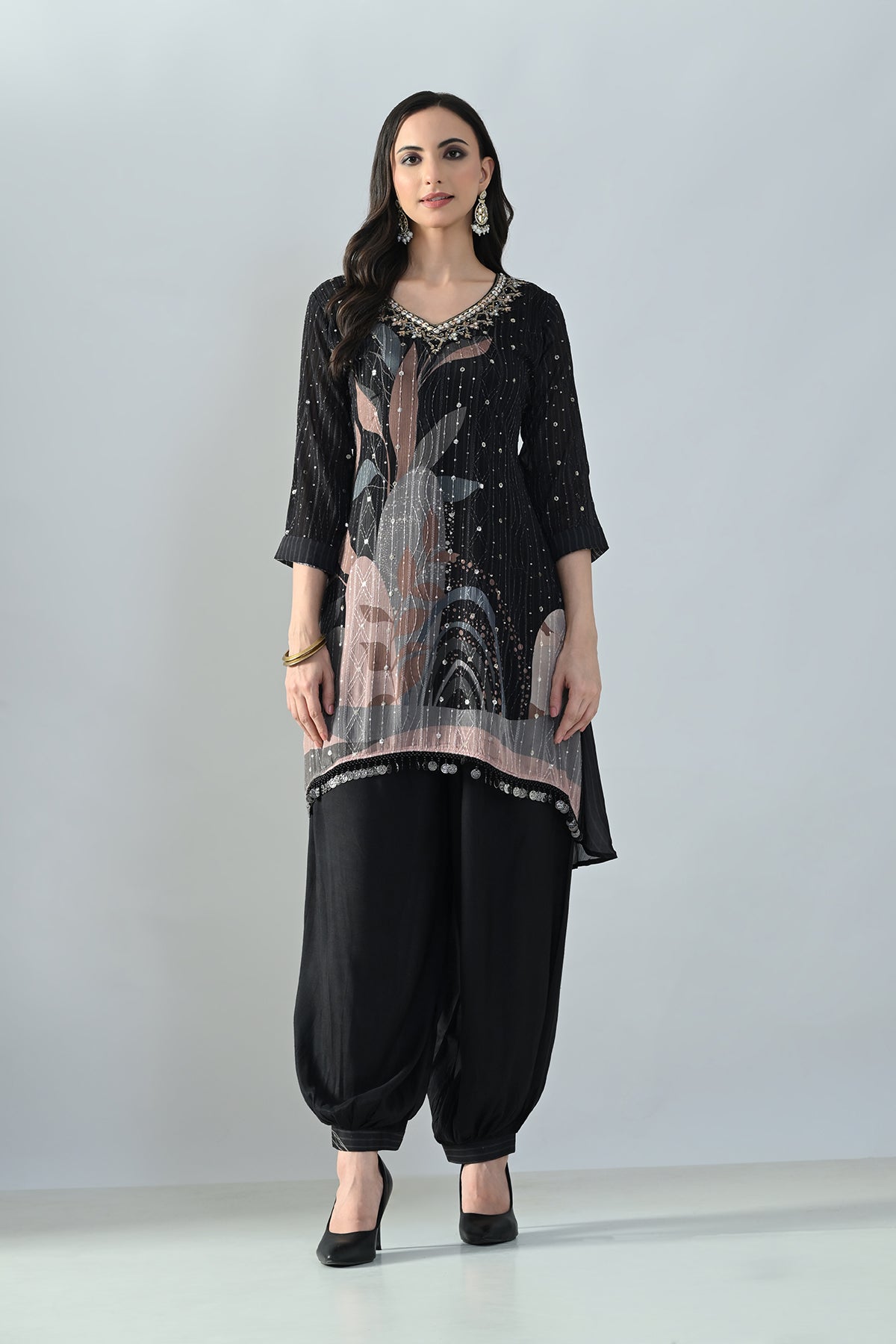Black Printed A-Line Kurta 2 Pcs Set