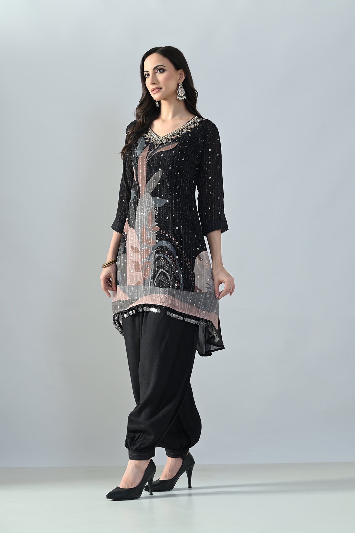 Black Printed A-Line Kurta 2 Pcs Set