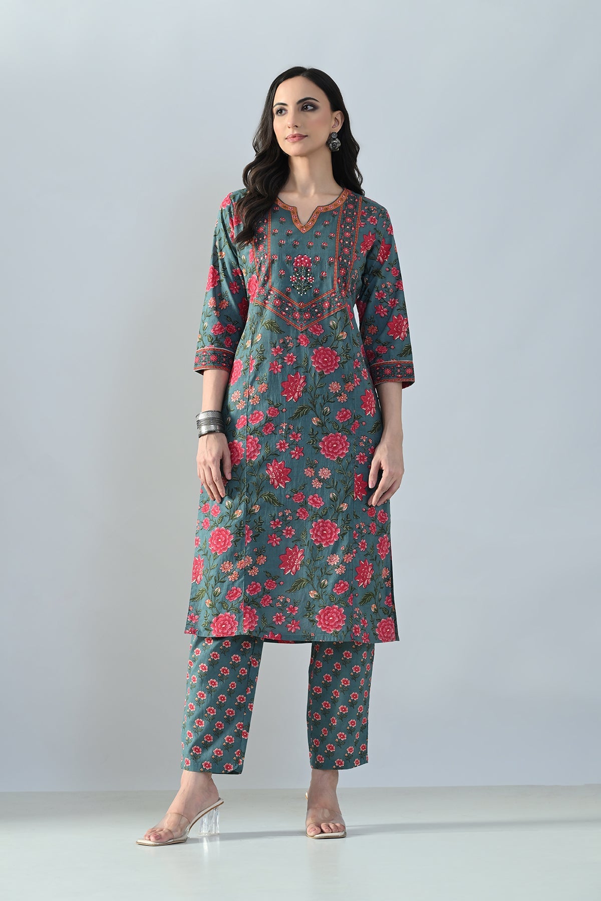 Grey Printed Straight Kurta 2 Pcs Set