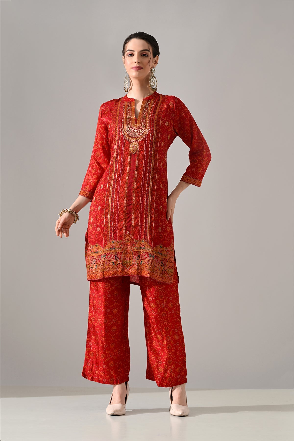 Maroon Printed Kurta 3 Pcs Set