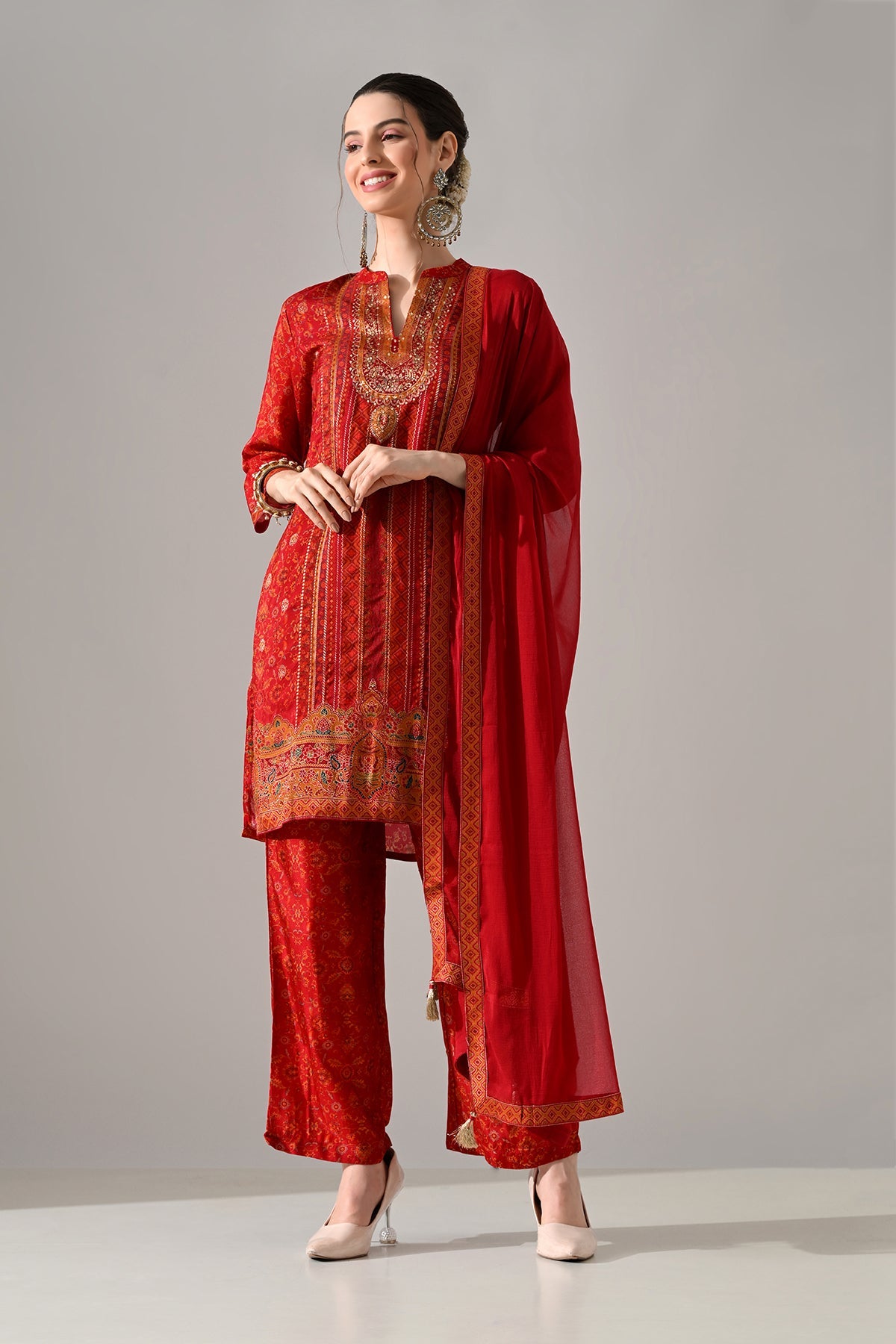 Maroon Printed Kurta 3 Pcs Set
