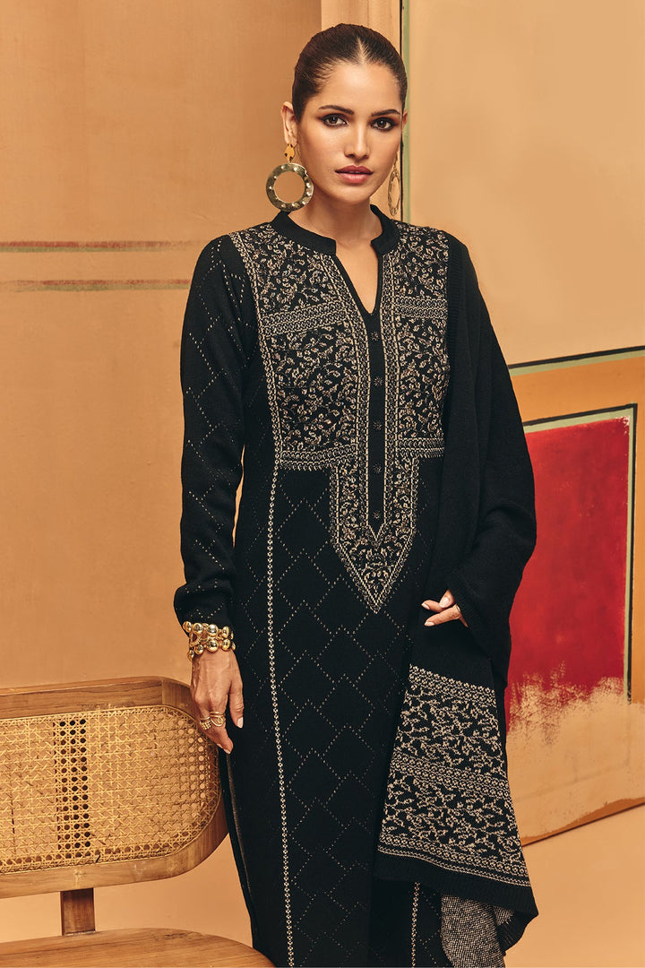 Winter Black Ethnic Bead Embroideredred Motifs Woven Kurta Set