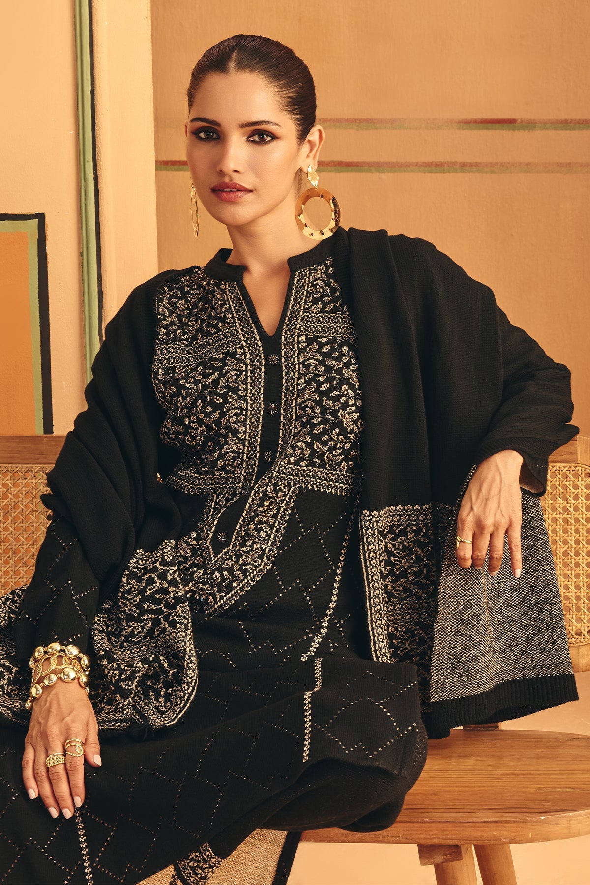 Winter Black Ethnic Bead Embroideredred Motifs Woven Kurta 3 Pcs Set