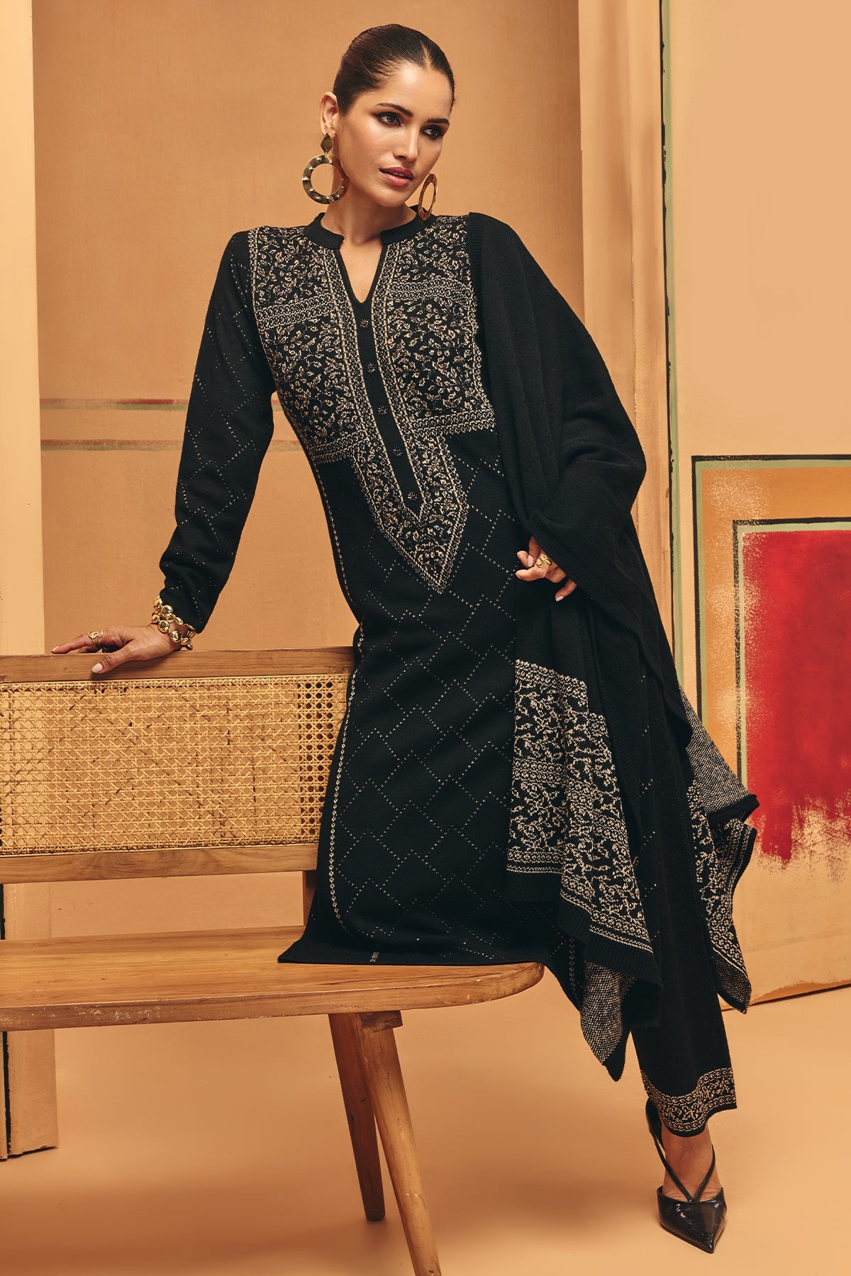 Winter Black Ethnic Bead Embroideredred Motifs Woven Kurta 3 Pcs Set