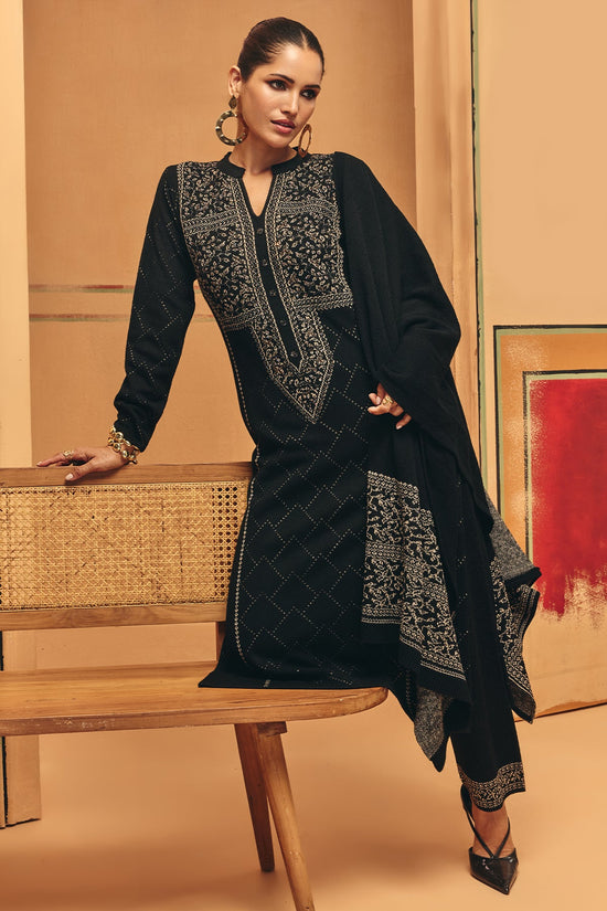 Winter Black Ethnic Bead Embroideredred Motifs Woven Kurta 3 Pcs Set