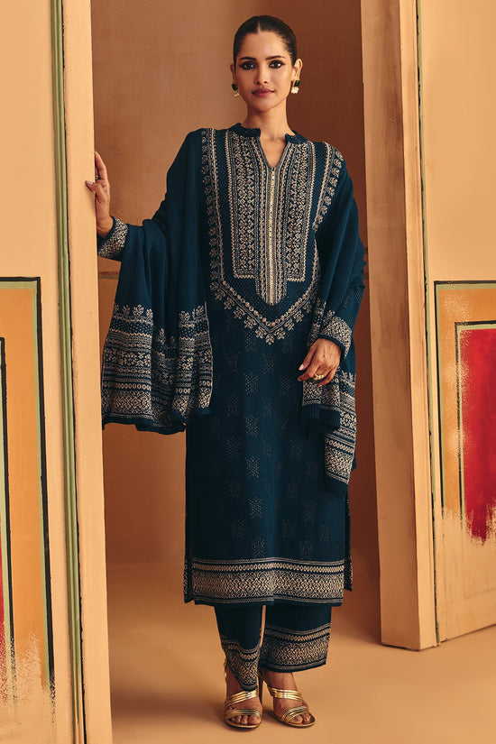 Winter Blue Beads Embroidery Ethnic Motifs Woven Kurta 3 Pcs Set