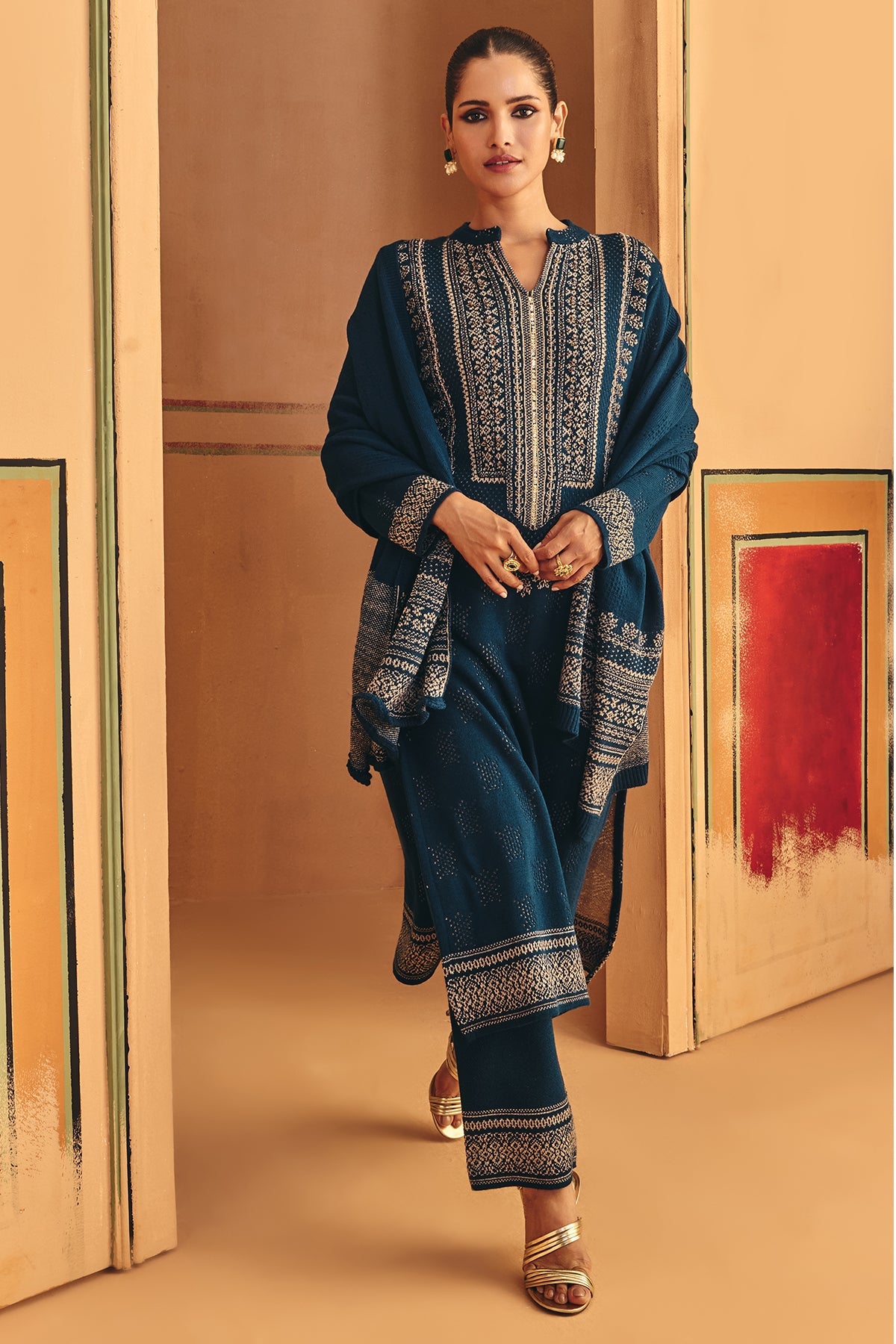 Winter Blue Beads Embroidery Ethnic Motifs Woven Kurta 3 Pcs Set