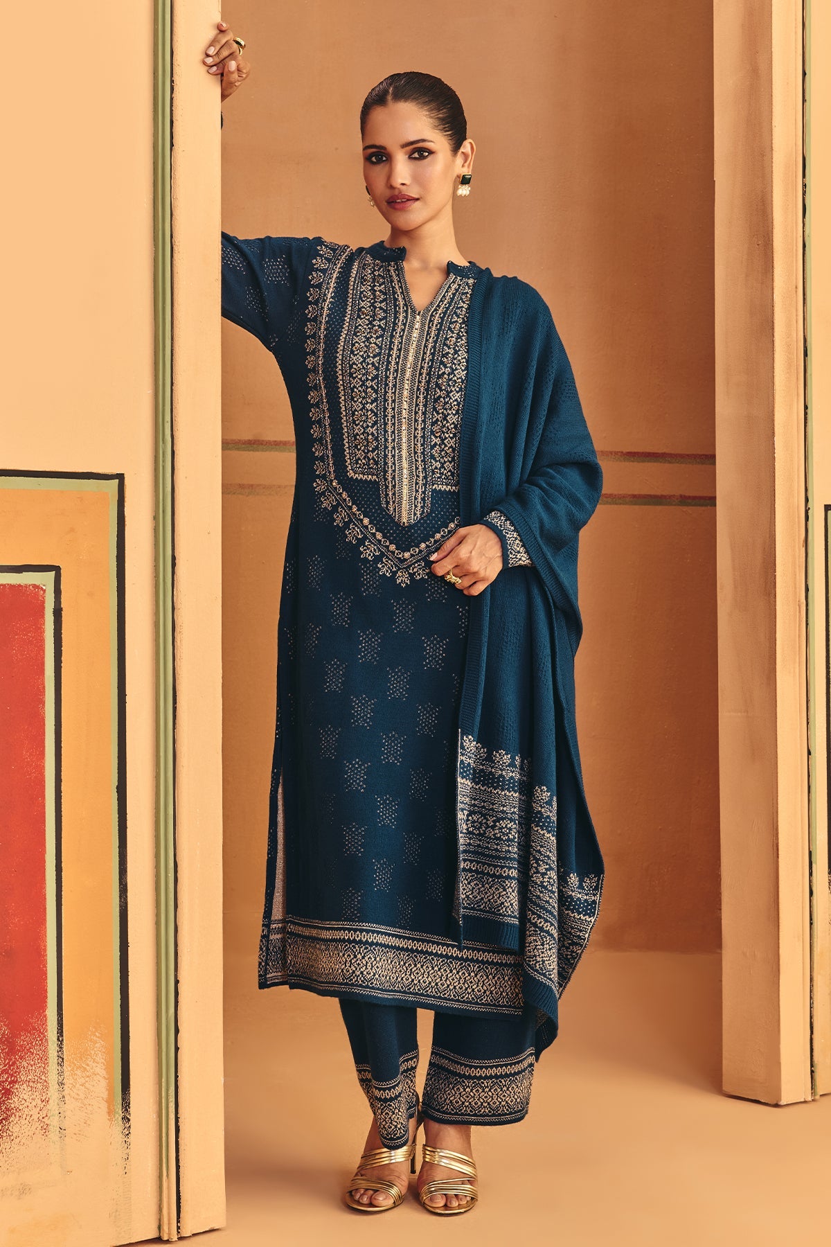 Winter Blue Beads Embroidery Ethnic Motifs Woven Kurta 3 Pcs Set