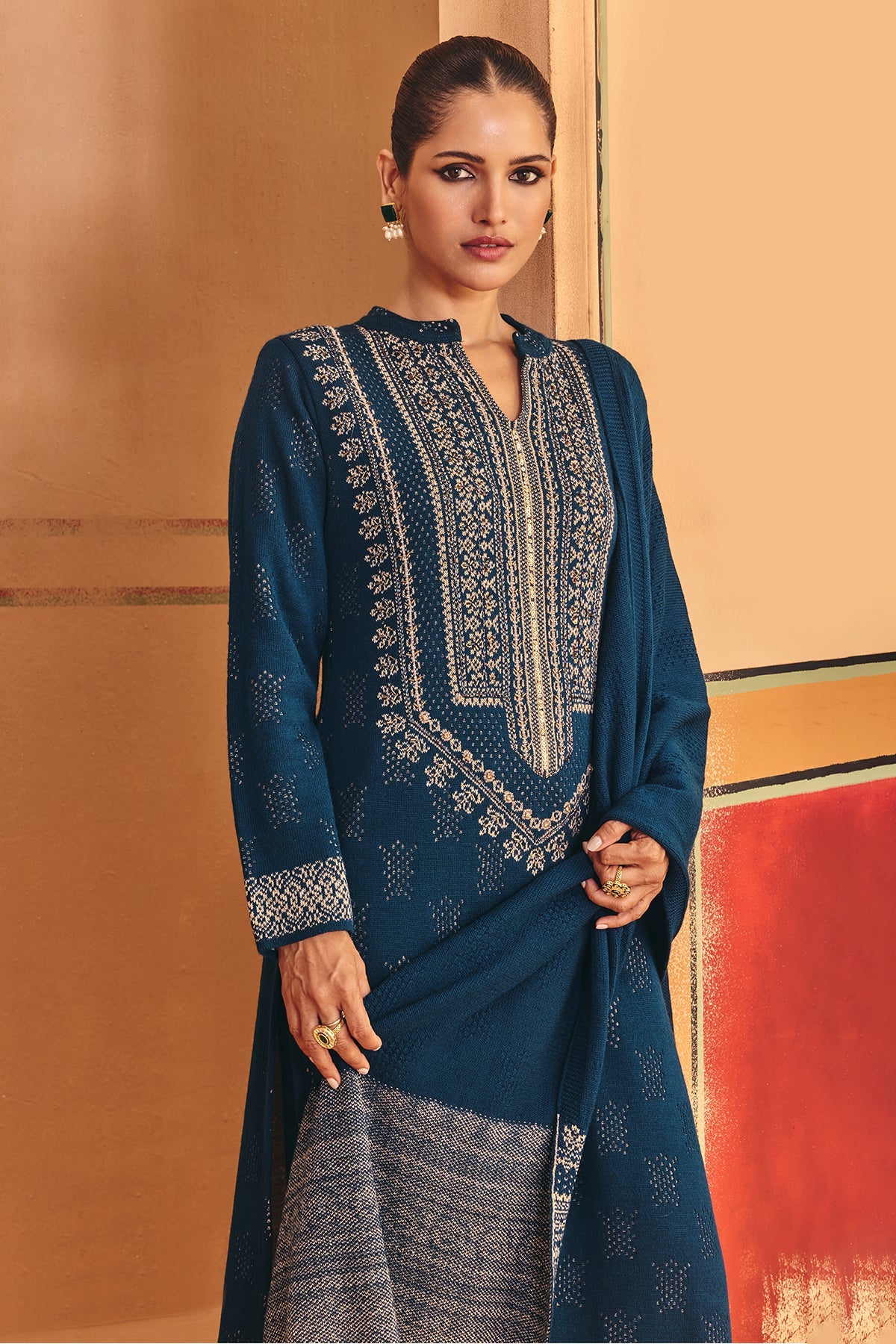Winter Blue Beads Embroidery Ethnic Motifs Woven Kurta 3 Pcs Set