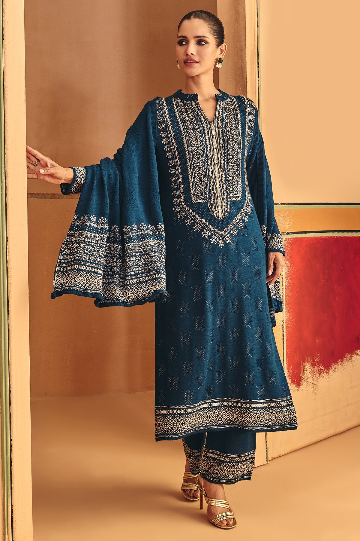 Winter Blue Beads Embroidery Ethnic Motifs Woven Kurta 3 Pcs Set