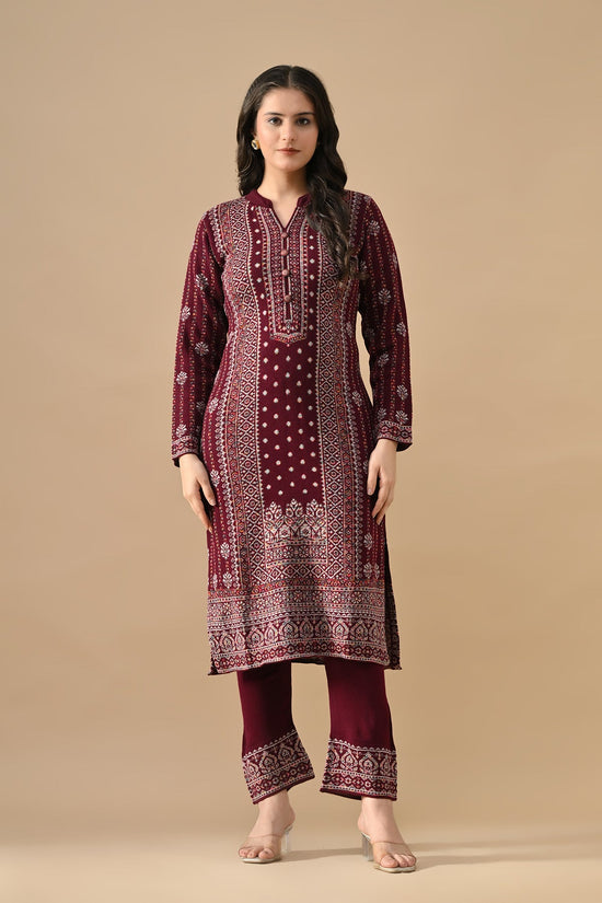 Winter Wine Self Design Ethnic Motifs Woven Kurta 3 Pcs Set