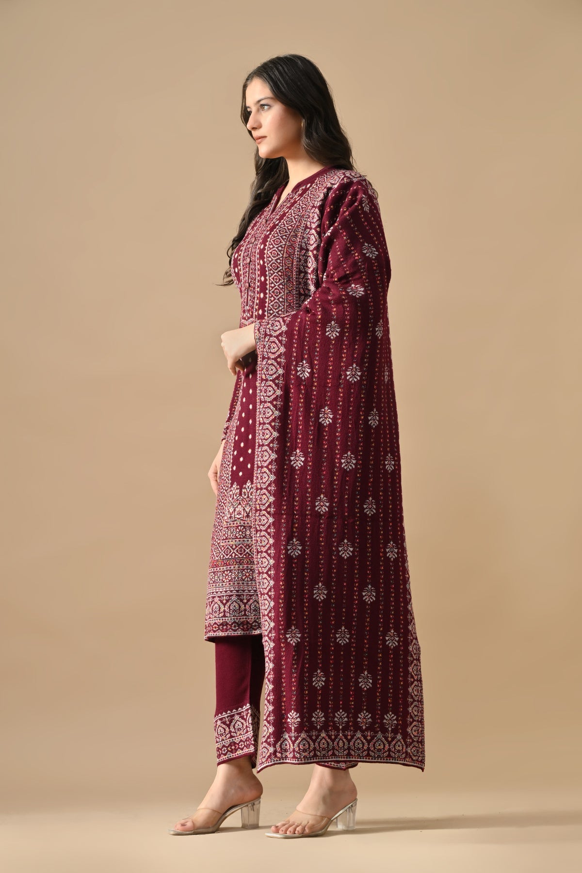 Winter Wine Self Design Ethnic Motifs Woven Kurta 3 Pcs Set