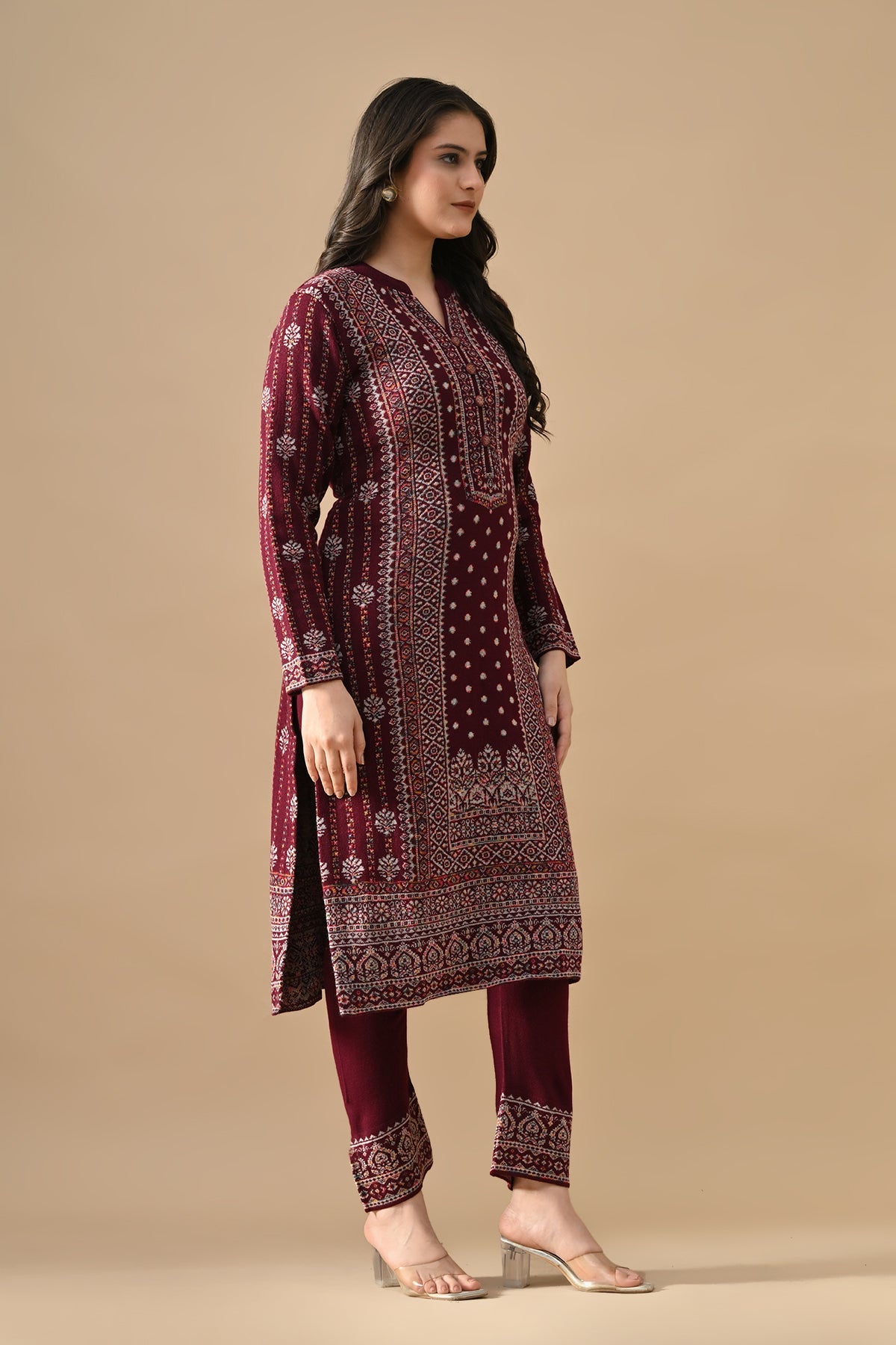Winter Wine Self Design Ethnic Motifs Woven Kurta 3 Pcs Set