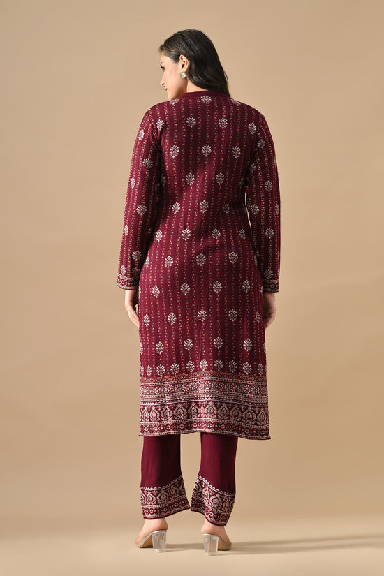 Winter Wine Self Design Ethnic Motifs Woven Kurta 3 Pcs Set