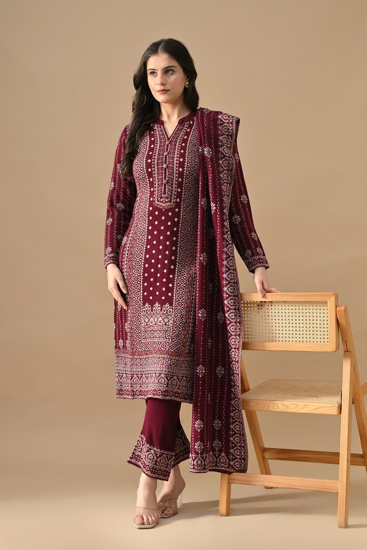 Winter Wine Self Design Ethnic Motifs Woven Kurta 3 Pcs Set