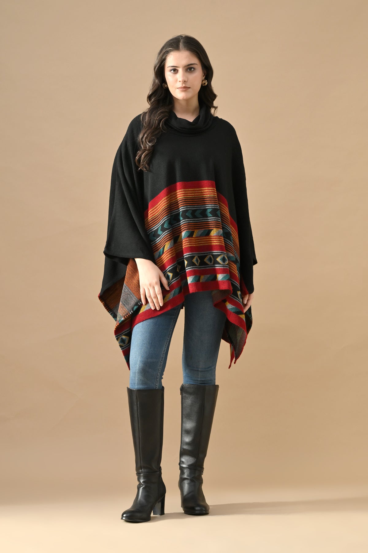 Winter Black Woven Turtleneck Poncho