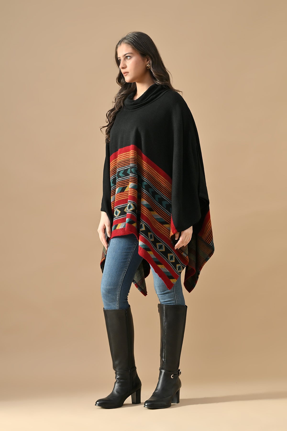 Winter Black Woven Turtleneck Poncho