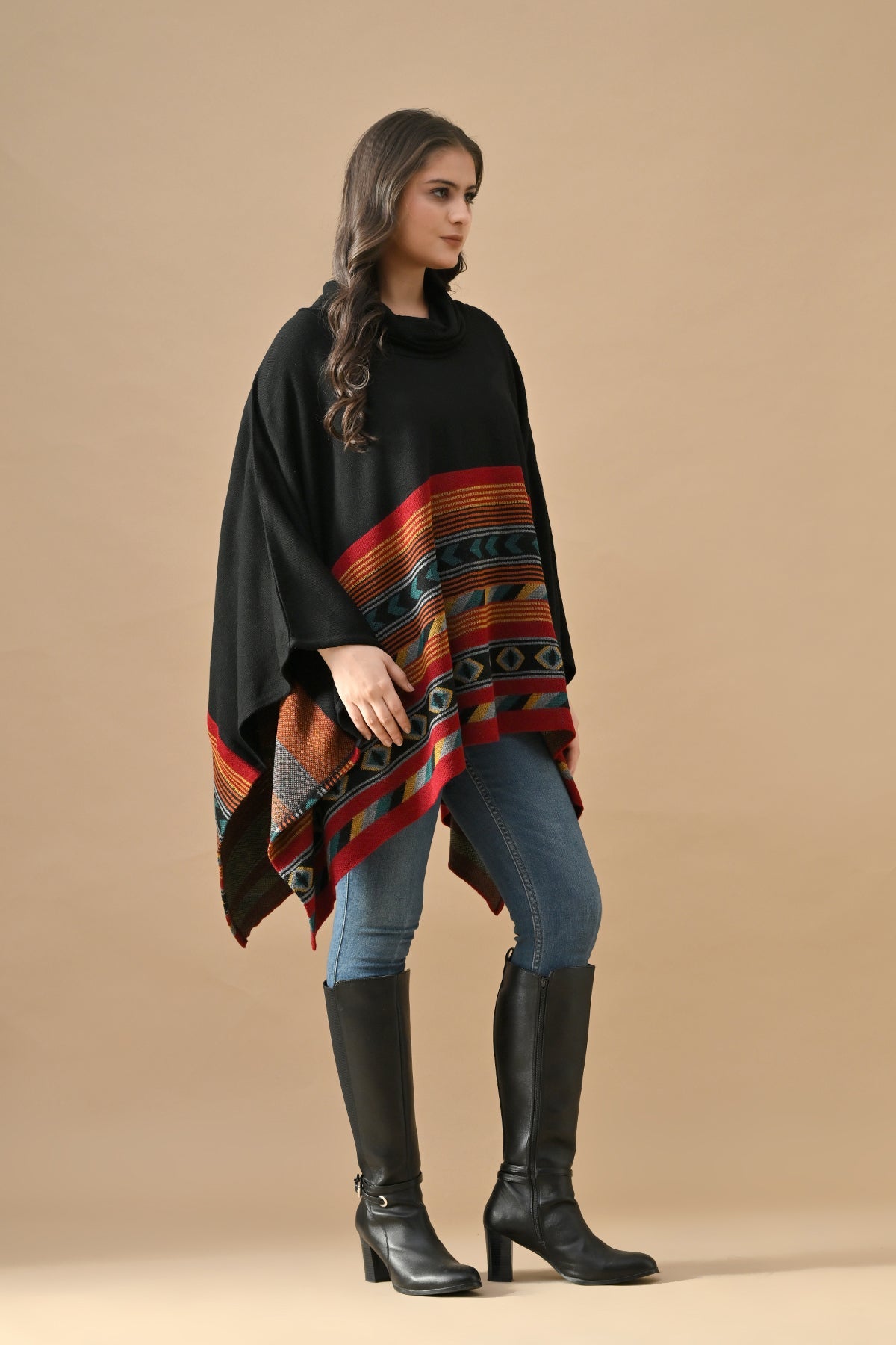 Winter Black Woven Turtleneck Poncho