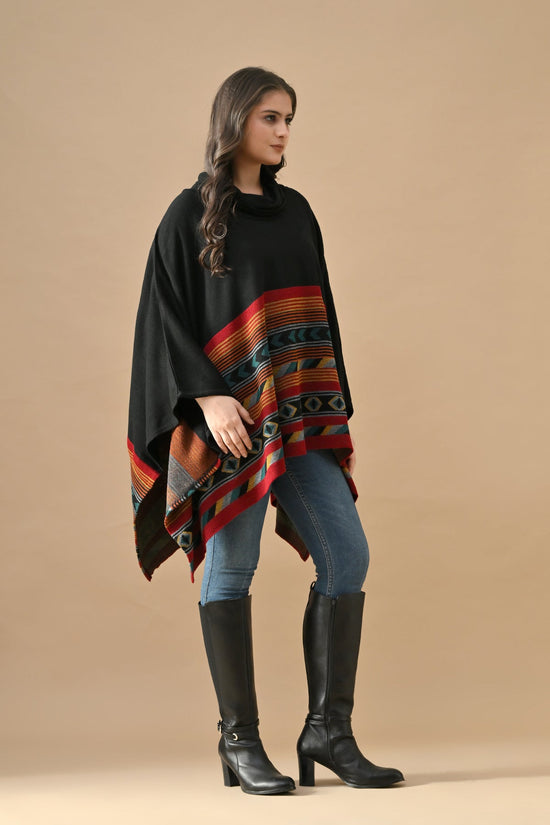Winter Black Woven Turtleneck Poncho