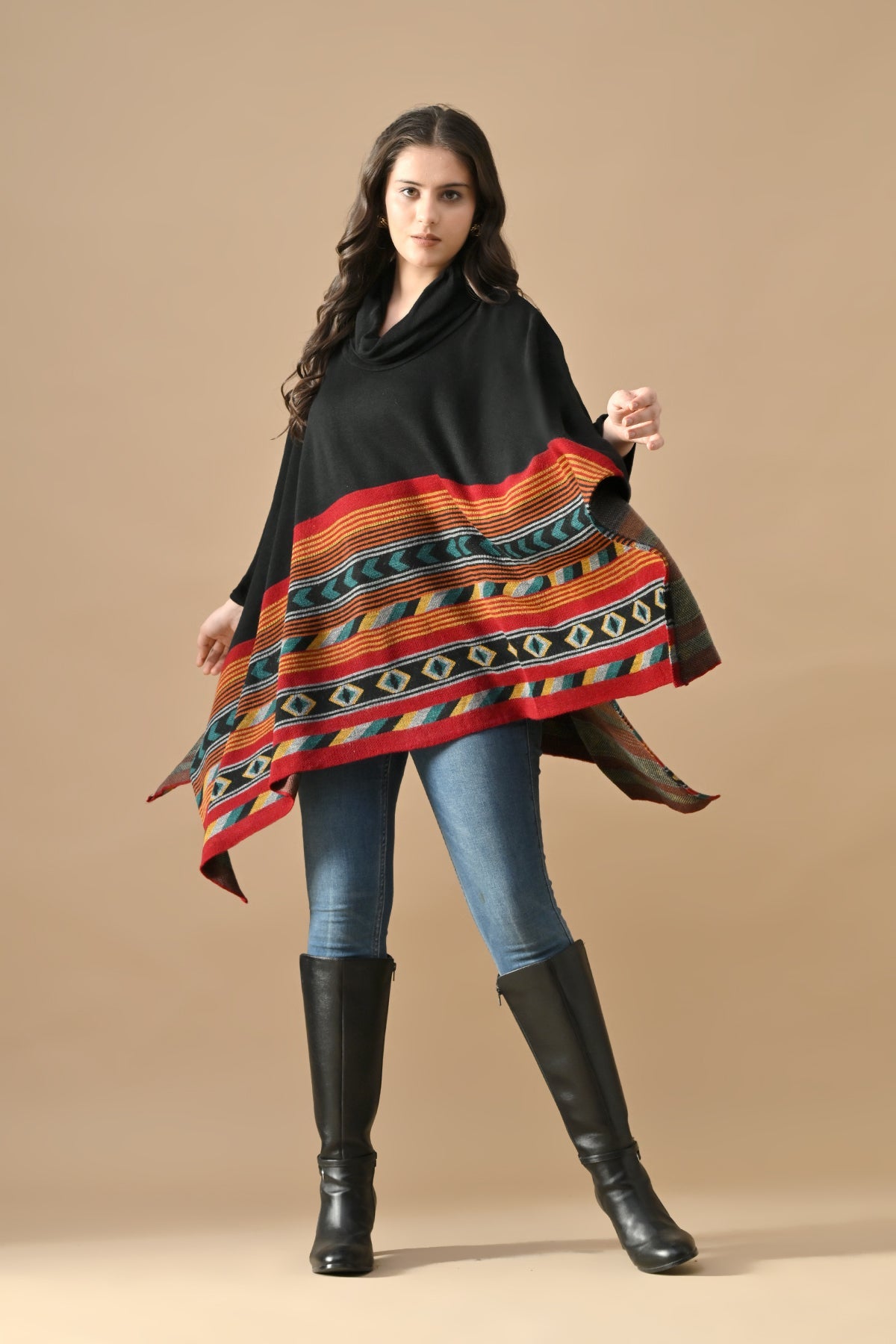 Winter Black Woven Turtleneck Poncho