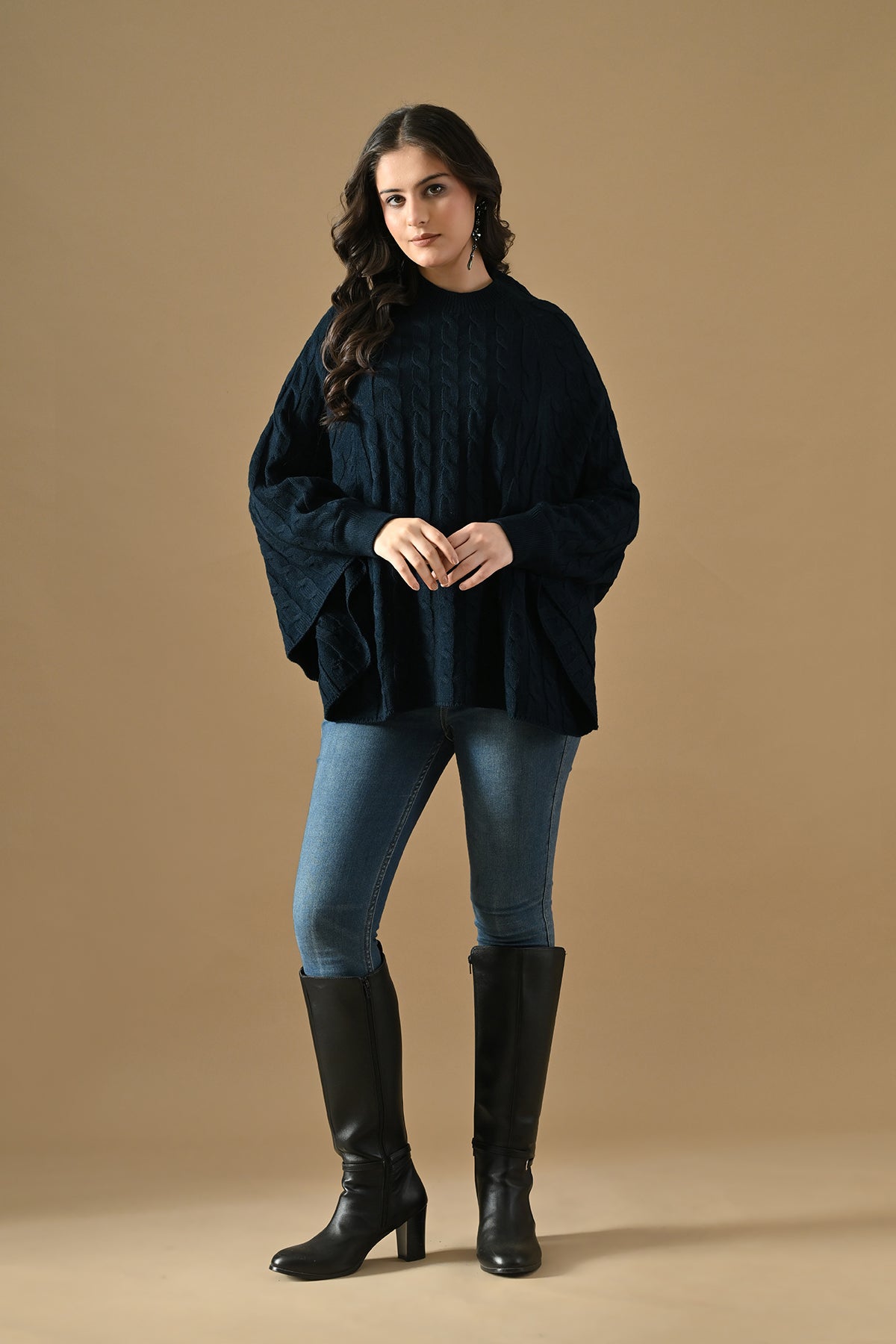 Winter Navy Blue Knitted Poncho