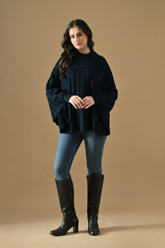 Winter Navy Blue Knitted Poncho