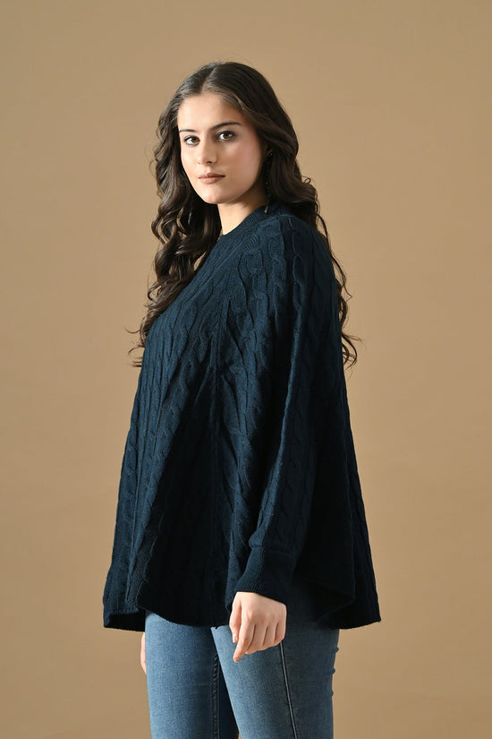Winter Navy Blue Knitted Poncho