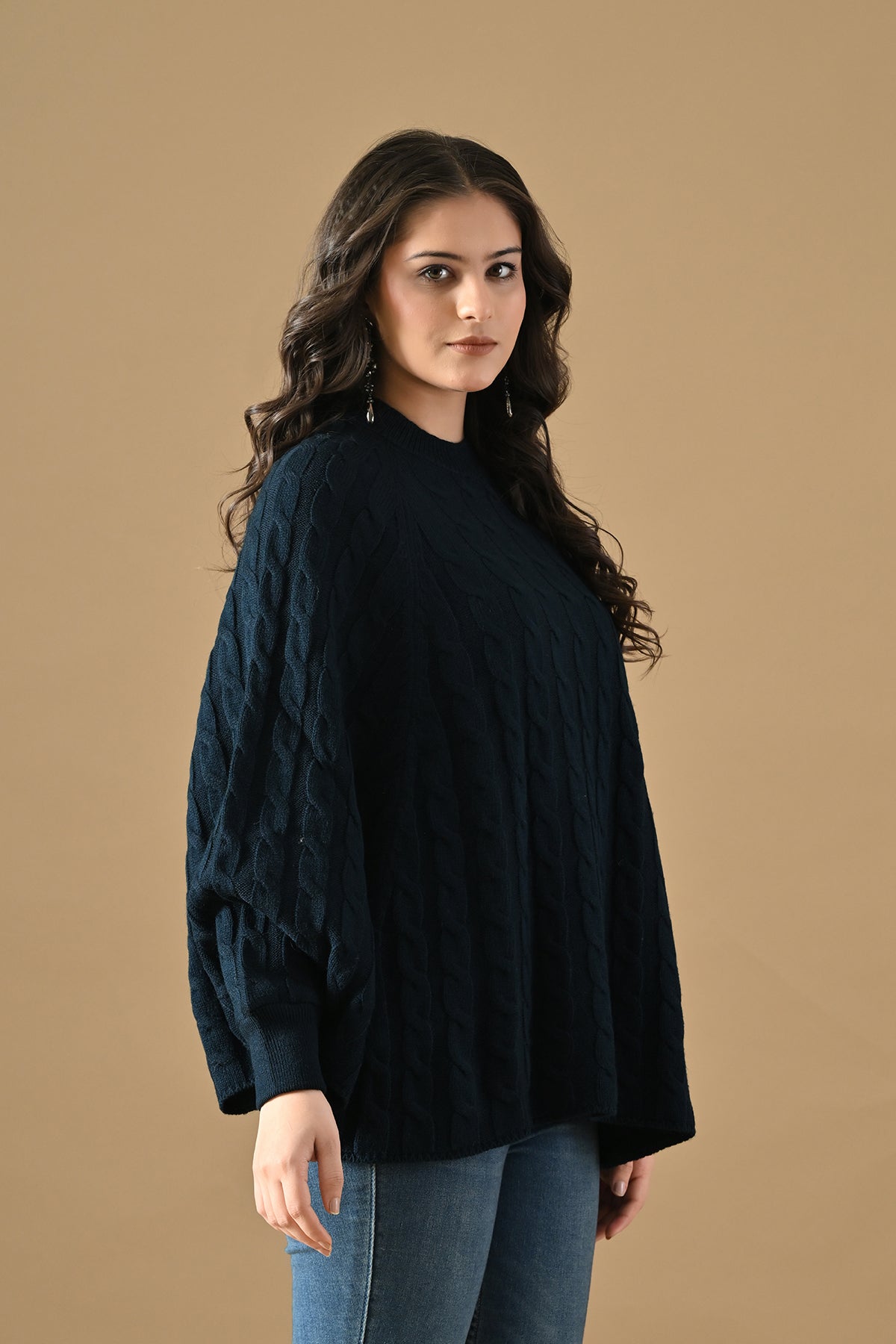 Winter Navy Blue Knitted Poncho