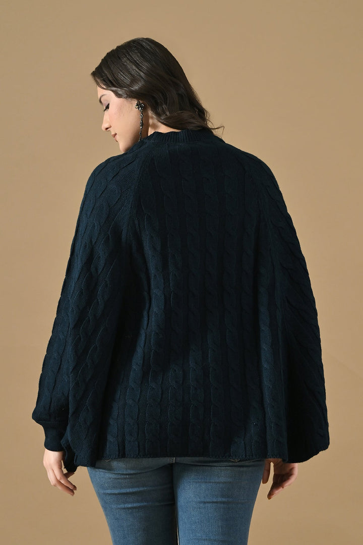 Winter Navy Blue Knitted Poncho