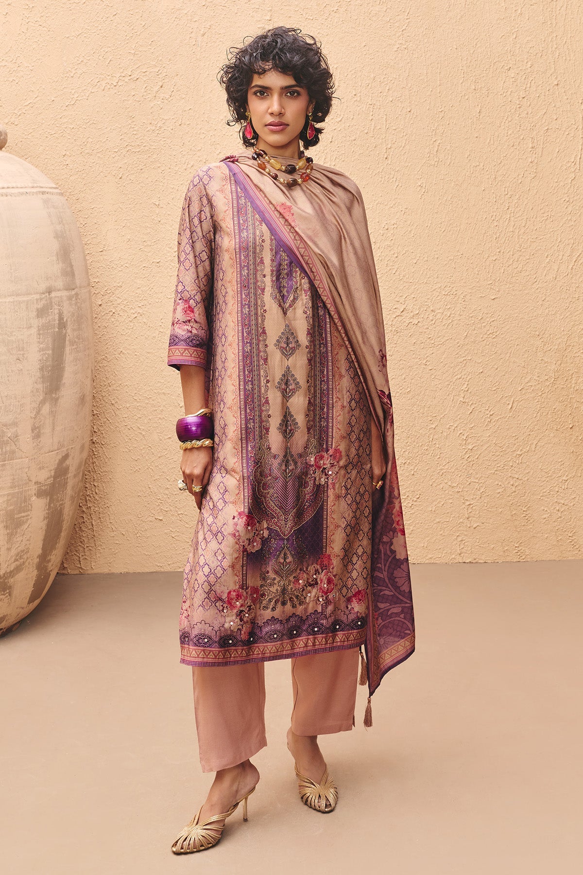 Beige Printed Kurta 3 Pcs Set