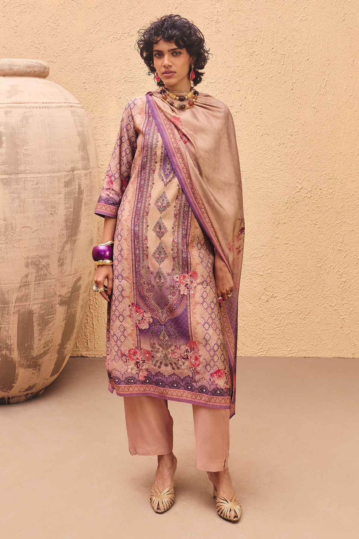 Beige Printed Kurta 3 Pcs Set