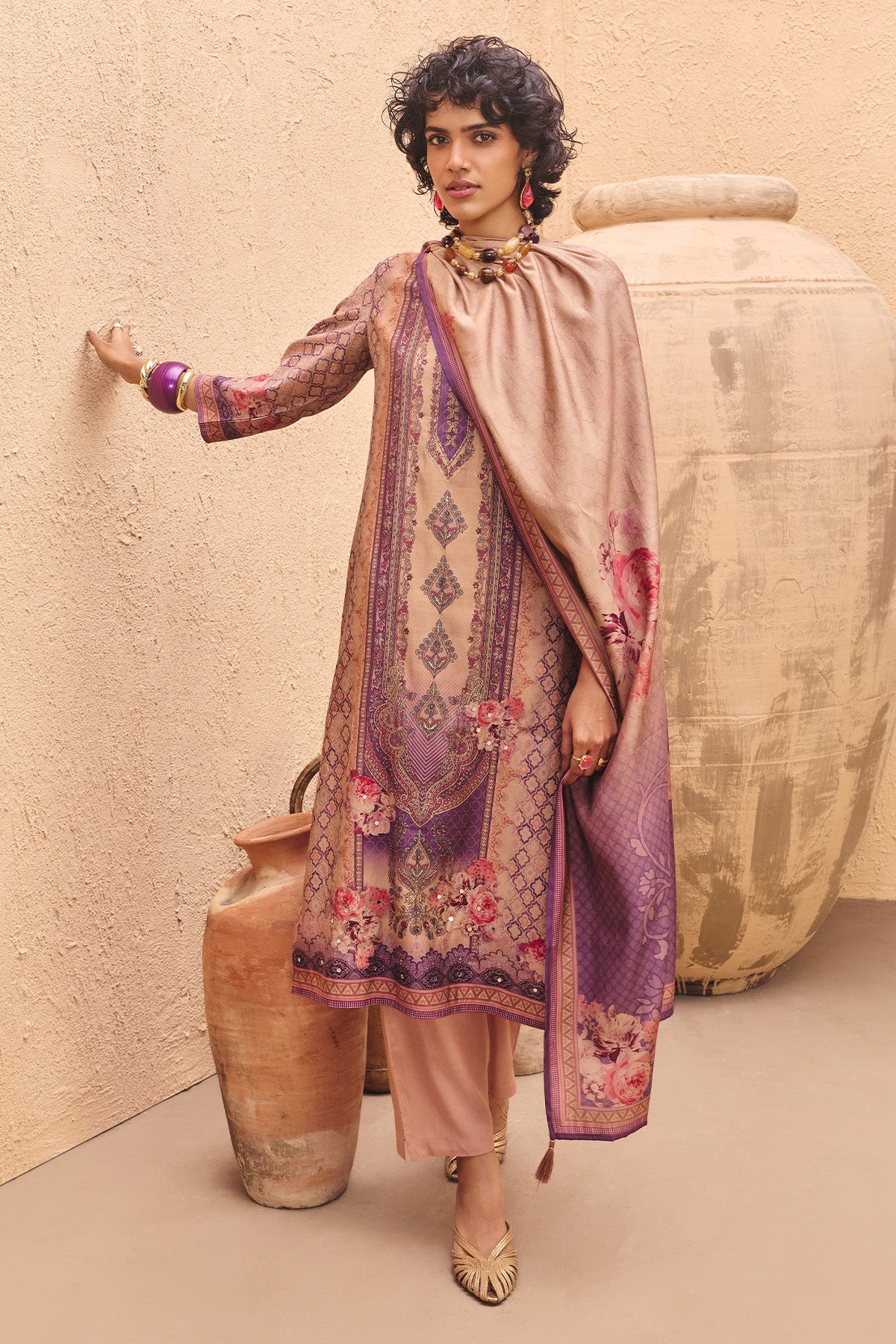 Beige Printed Kurta 3 Pcs Set