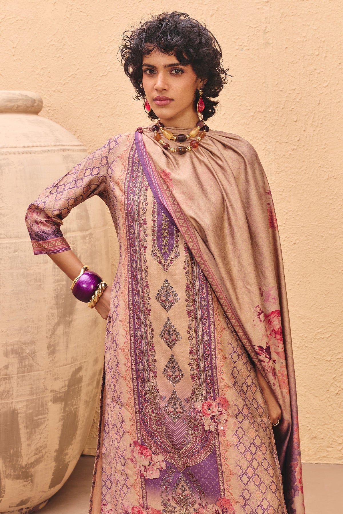 Beige Printed Kurta 3 Pcs Set