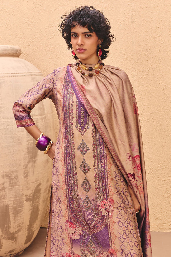 Beige Printed Kurta Set (3 Piece)