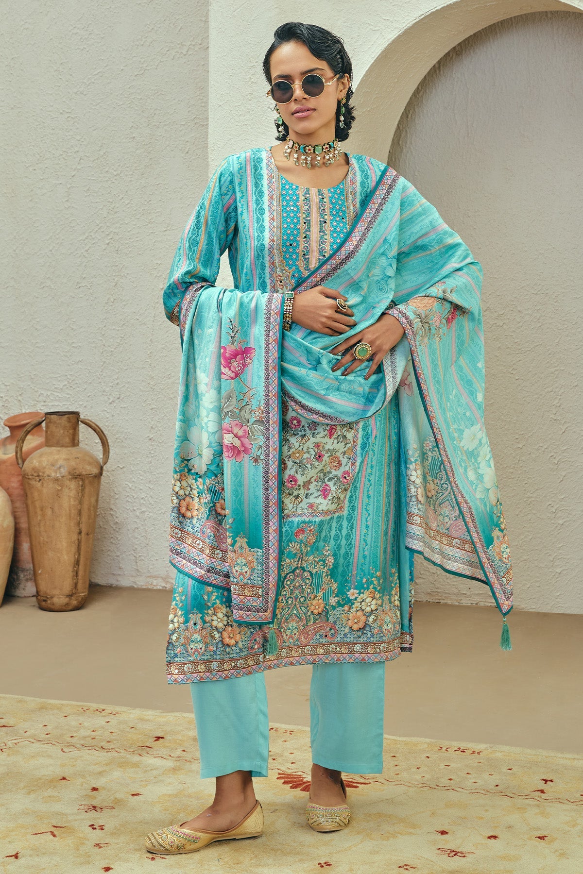 Blue Printed Kurta 3 Pcs Set