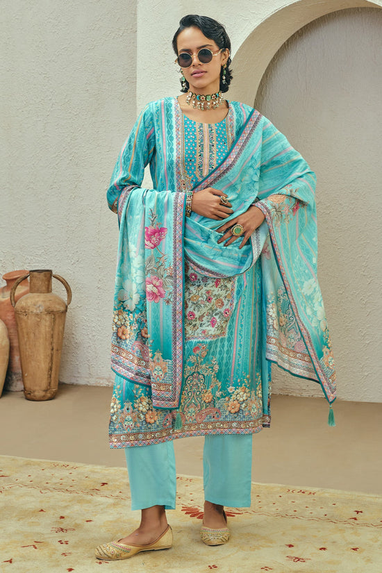 Blue Printed Kurta Set (3 Piece)