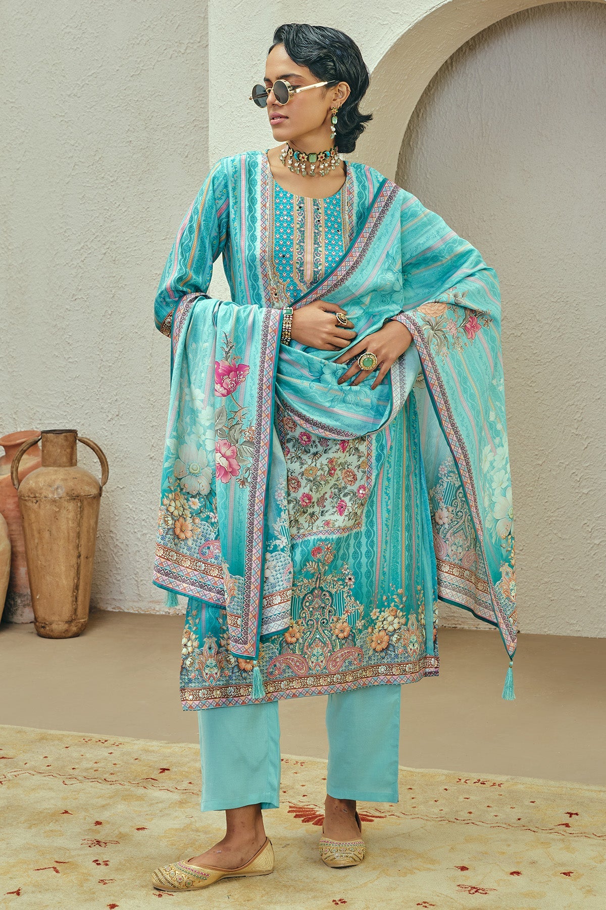 Blue Printed Kurta 3 Pcs Set