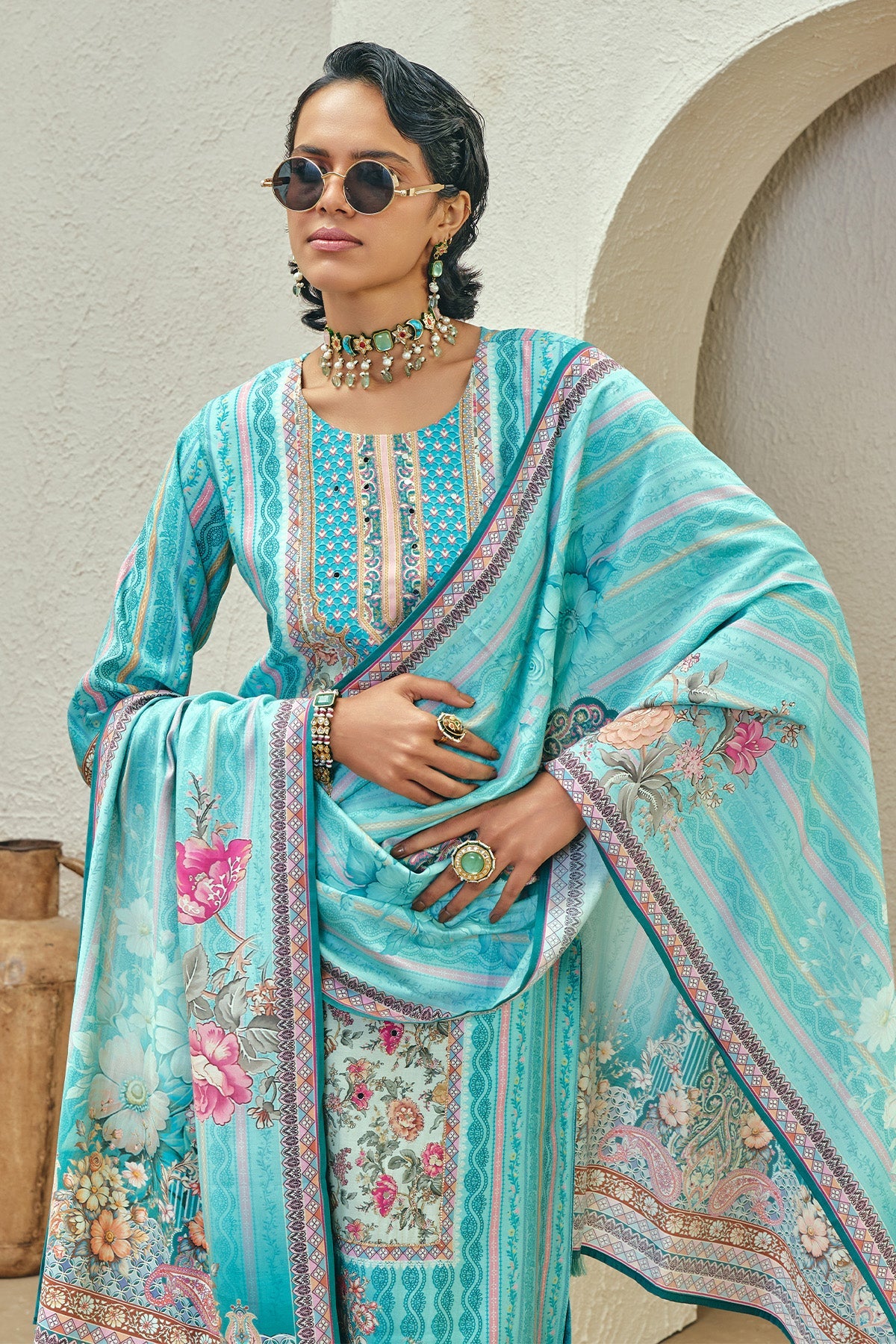 Blue Printed Kurta 3 Pcs Set