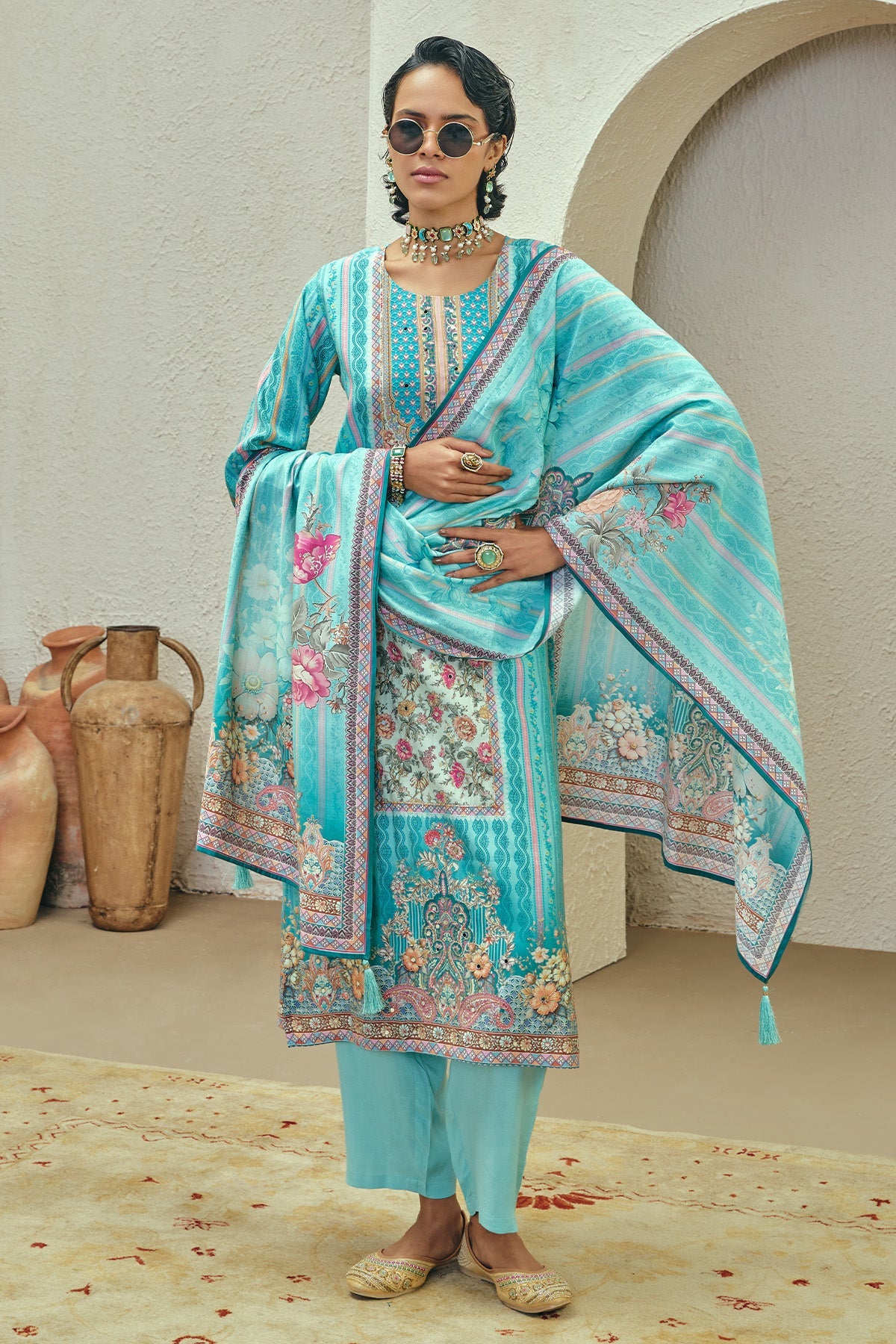 Blue Printed Kurta 3 Pcs Set