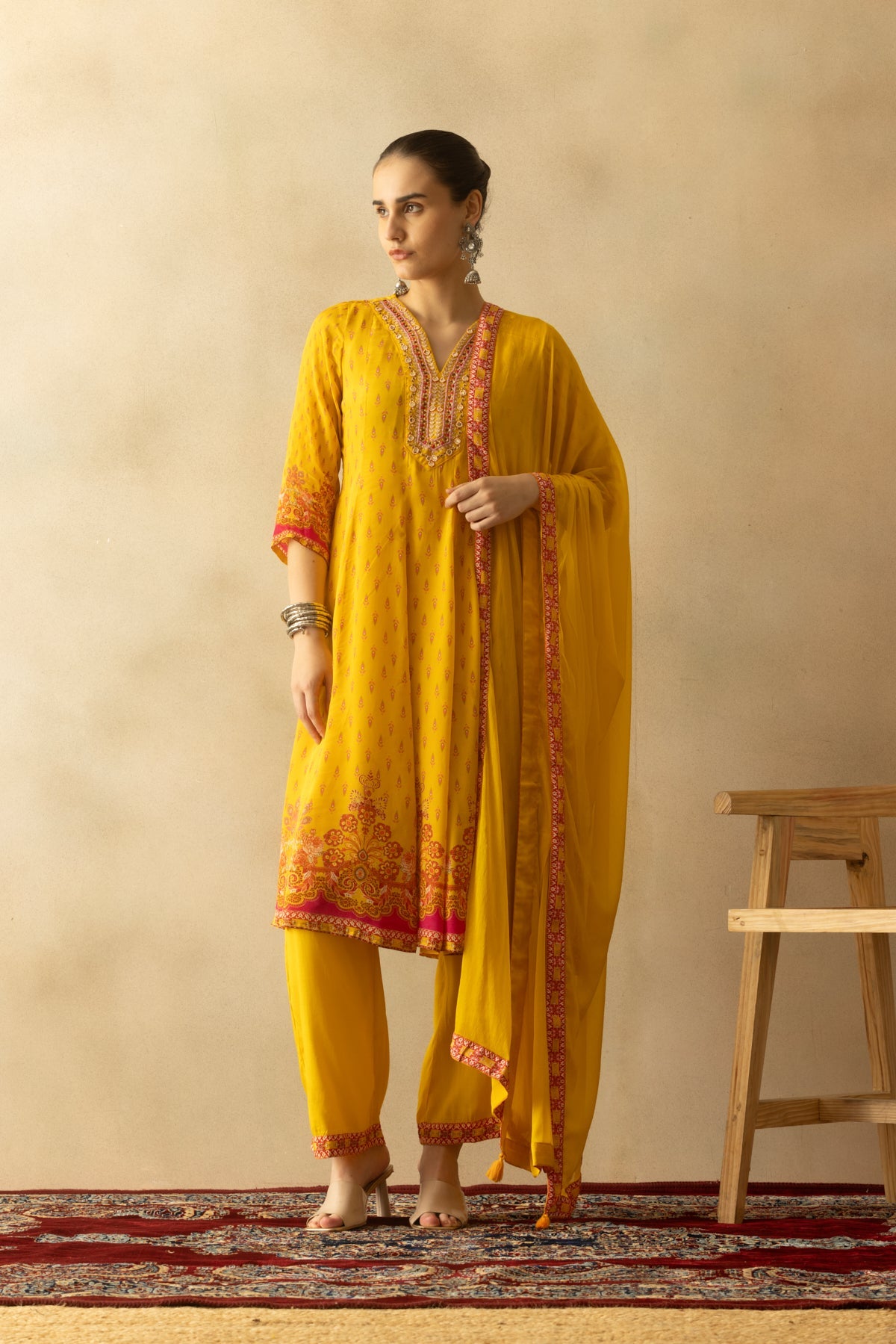Yellow Flared Printed Kurta 3 Pcs Set