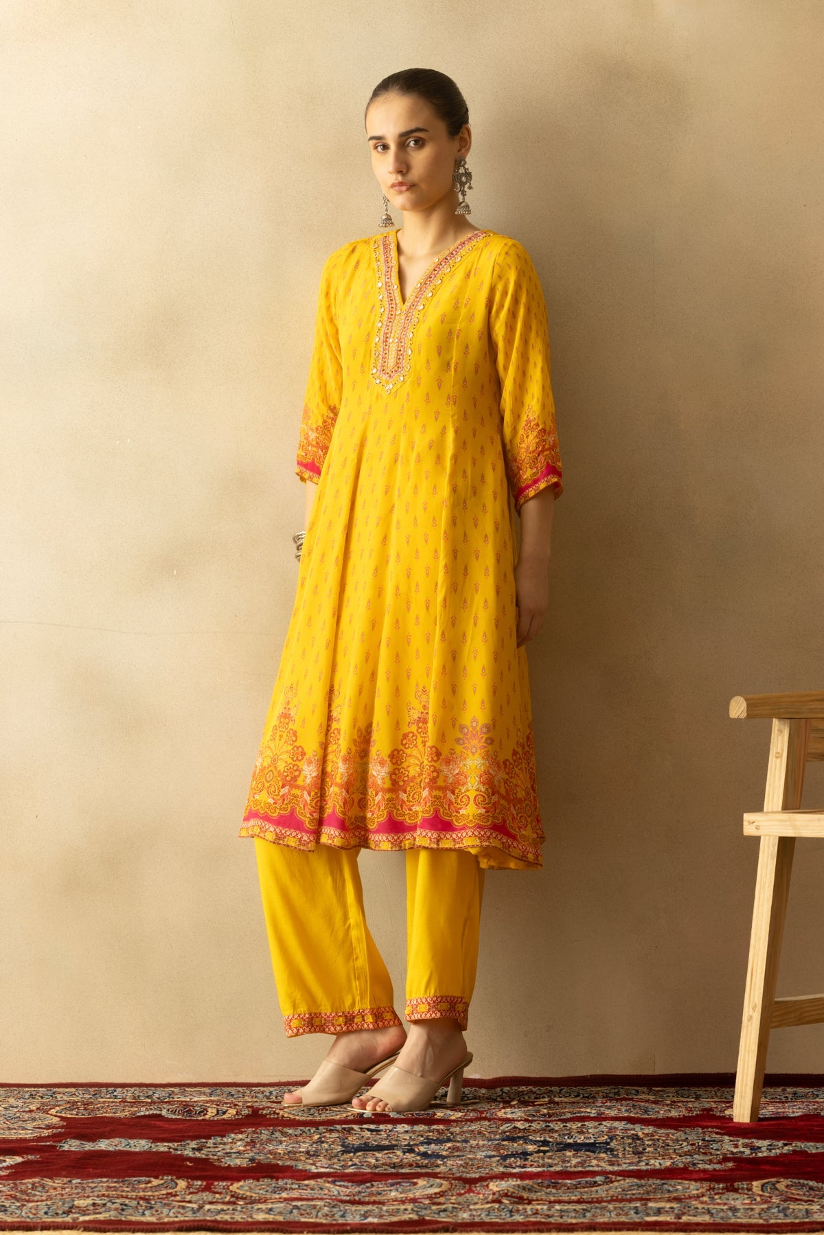 Yellow Flared Printed Kurta 3 Pcs Set