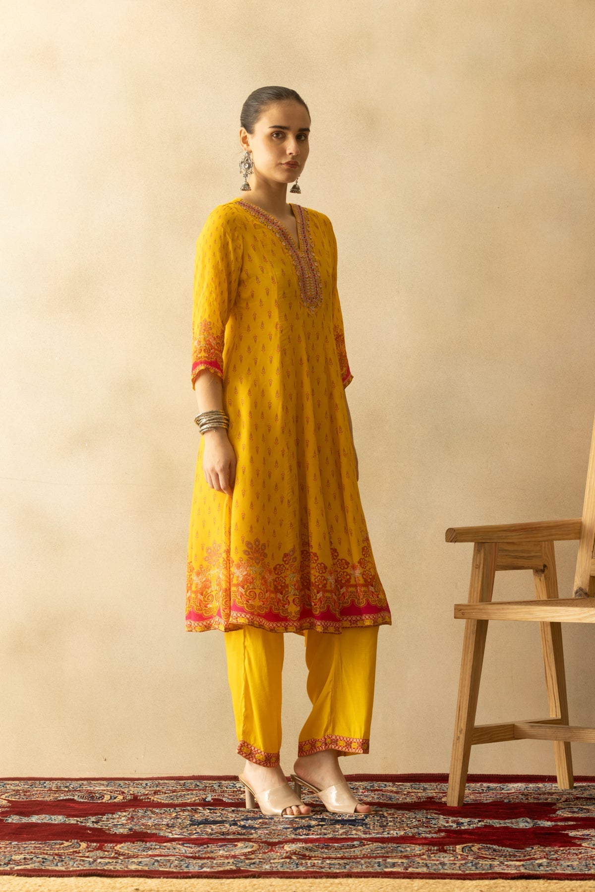 Yellow Flared Printed Kurta 3 Pcs Set
