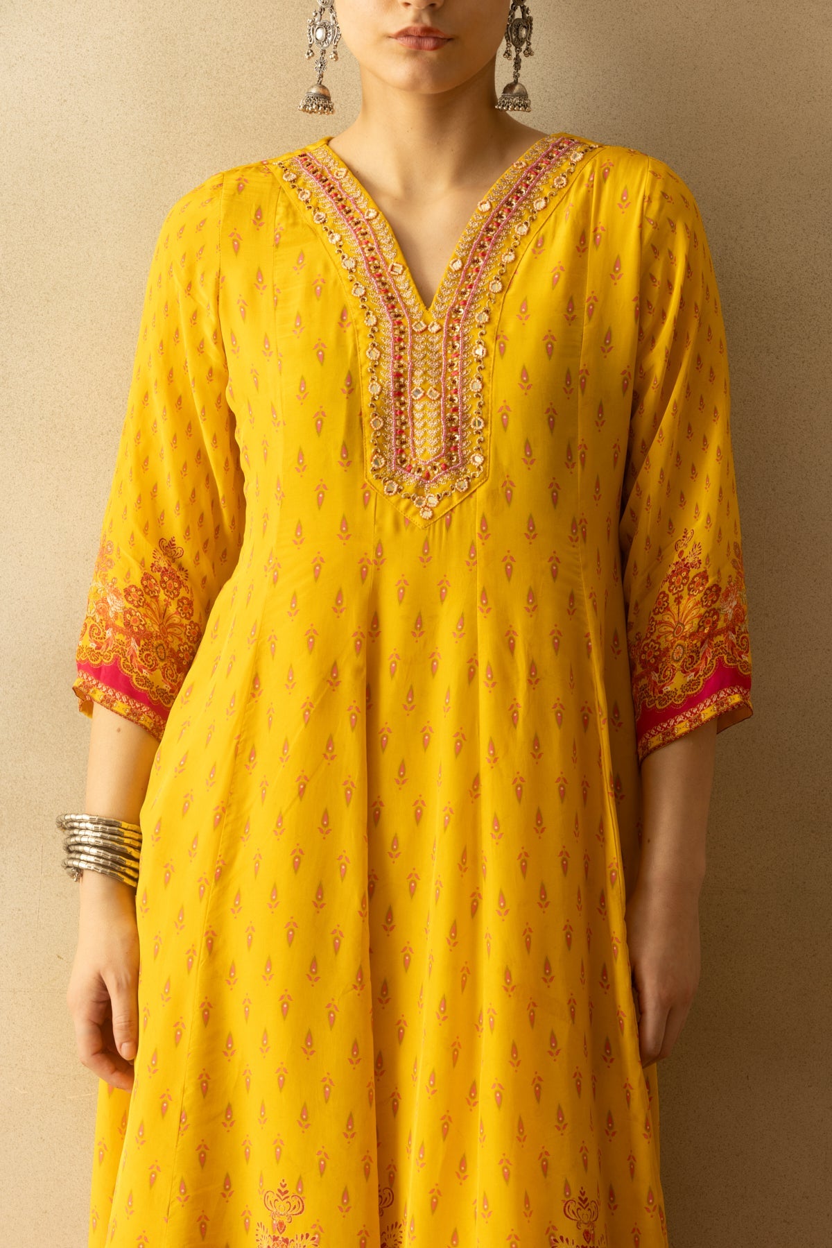 Yellow Flared Printed Kurta 3 Pcs Set